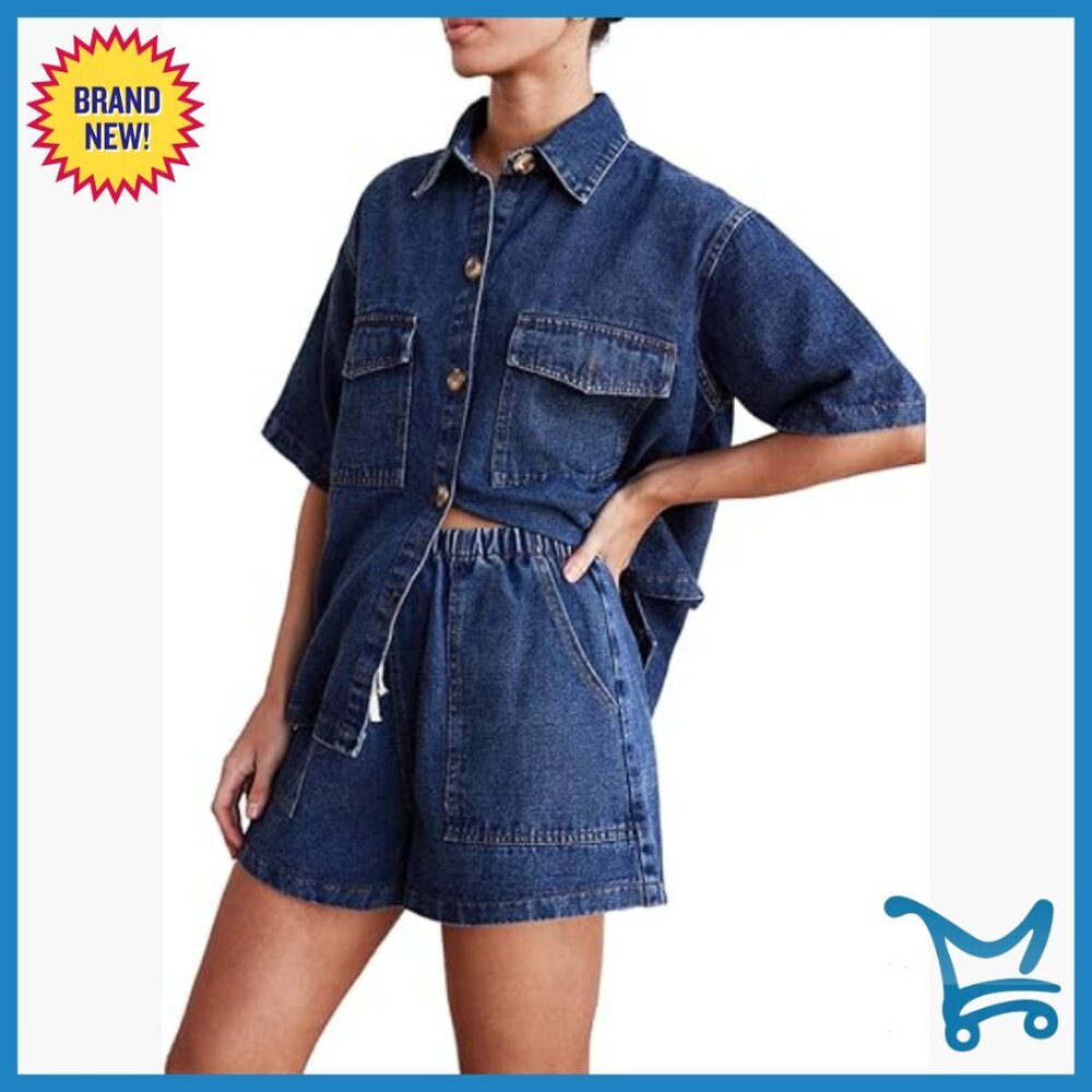 Denim Two-Piece Set Short Sleeve Button Down Shirt Drawstring Shorts Casual